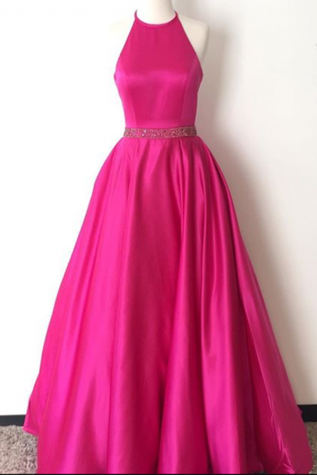 Hot Pink Halter Long Satin Prom Dresses,Open Back A-line Simple Cheap Prom Dress For Teens,Plus Size Prom Gowns,Modest Evening Dresses,Women Dresses