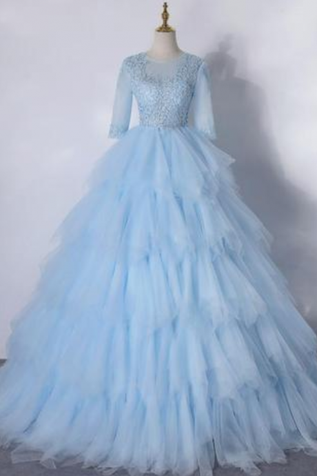 Light Blue Layers Tulle With Lace Princess Gown, Short Sleeves Ball Gown Sweet 16 Prom Dress