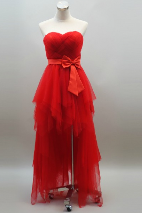 Fashion Strapless Hi-lo Full Length Red Prom Dresses Evening Dress Bridesmaid Dresses Custom Made