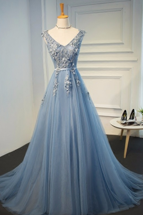 Charming Prom Dress,blue Evening Gowns Dresses Plus Size Tulle Appliques Long Formal Dresses V Neck Lace Up Sleeveless