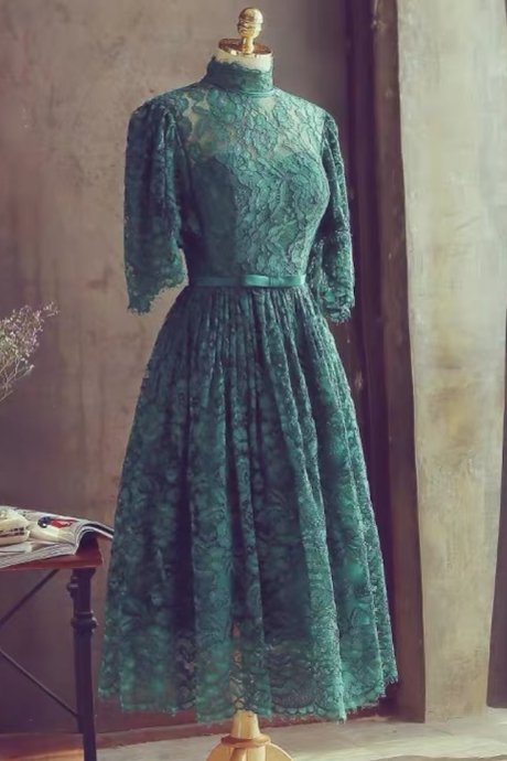 Prom Dresses High Neck Lace Midi Dress,green Wedding Guest Dress