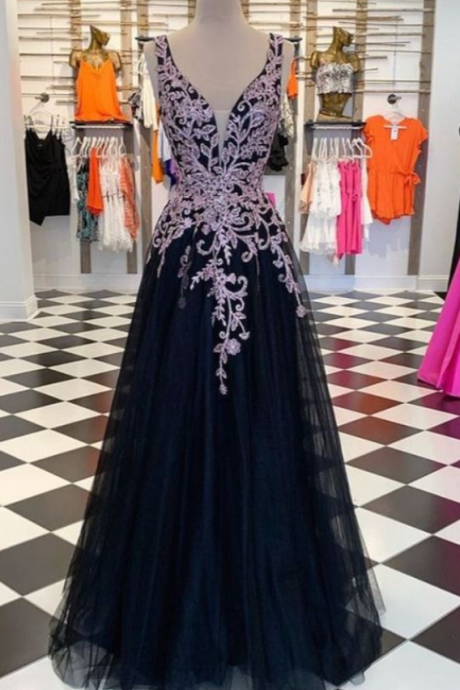 A-line Lace Long Prom Dresses