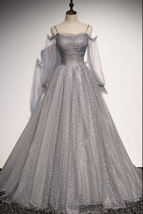 Gray Tulle Sequins Long A Line Prom Dress