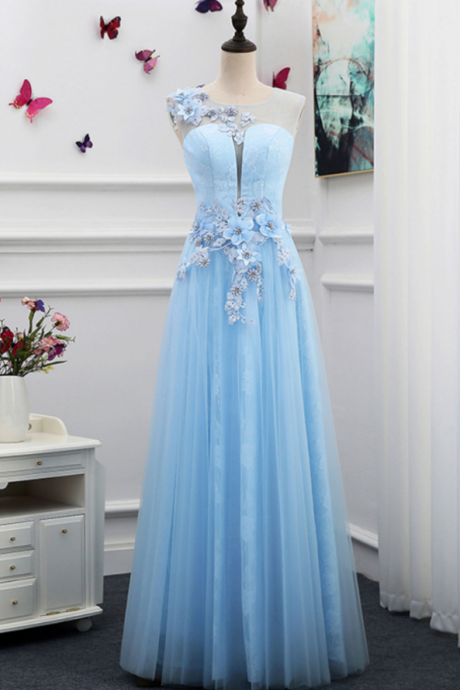 new fashion Prom Dresses,Unique light blue tulle floor length 3D flower halter formal prom dresses