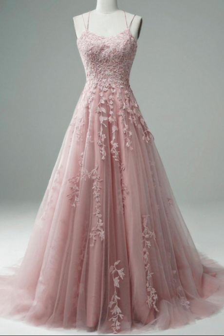 Pink Prom Dresses 2021 Lace Applique A Line Elegant Spaghetti Straps Senior Prom Gowns Robe De Soiree