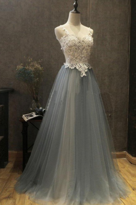 A Line Backless White Lace Beading Gray Tulle Long Prom Dresses, Lace Gray Formal Dresses, Backless Gray Long Evening Dresses
