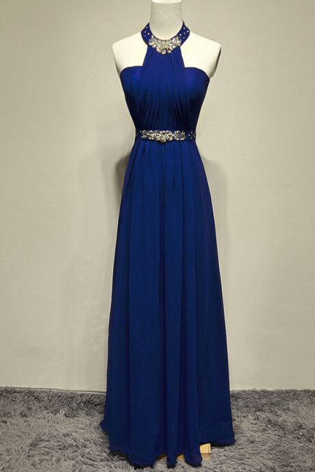 Pretty Elegant Blue Long Beaded Halter Neckline Long Formal Dresses, Blue Prom Dresses, Evening Dresses, Evening Gowns