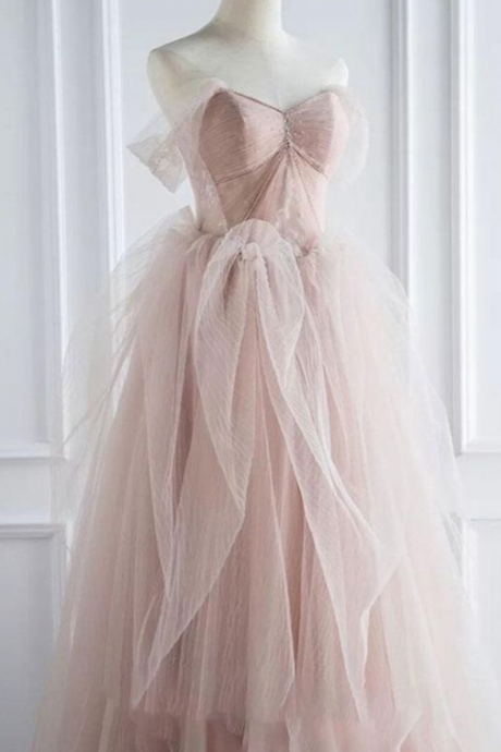 Pink Sweetheart Tulle Long Prom Dress,layers Lace Formal Dress