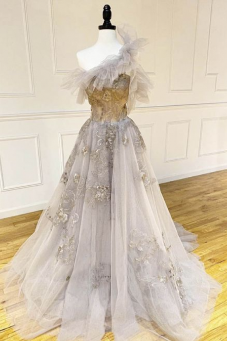 Unique Strapless Tulle Lace Prom Dress Formal Dress