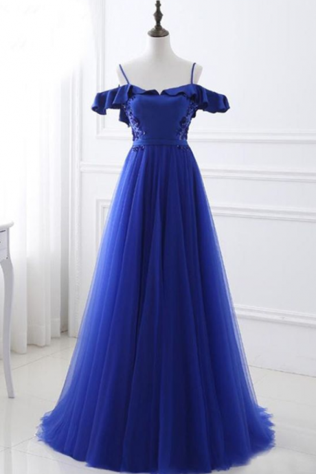 A Line Off The Shoulder Royal Blue Tulle Prom Dress With Ruffles