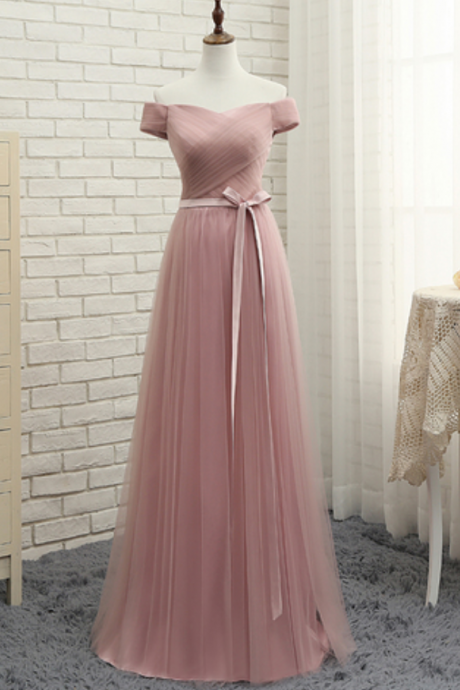 Pink Tulle Off Shoulder A Line Long Prom Dress, Pink Evening Dresses