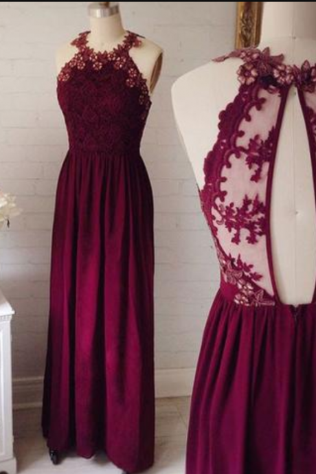 Lace Top Halter Burgundy Chiffon 2017 Long Prom Dress