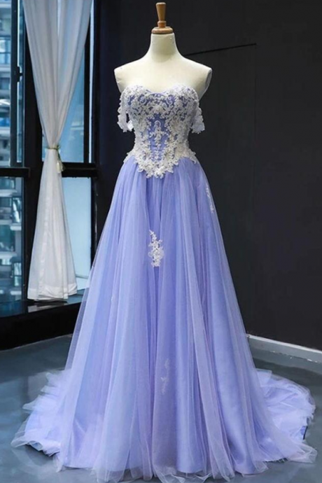 Fashion Light Lavender Tulle White Lace Prom Dresses Formal A Line Evening Dress Party Gowns