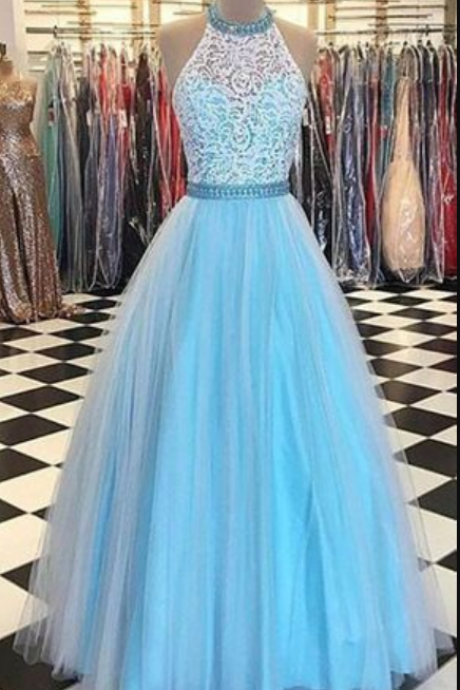 A Line Halter Lace Bodice Prom Gown,long Tulle Sleeveless Long Evening Dresses,formal Dress
