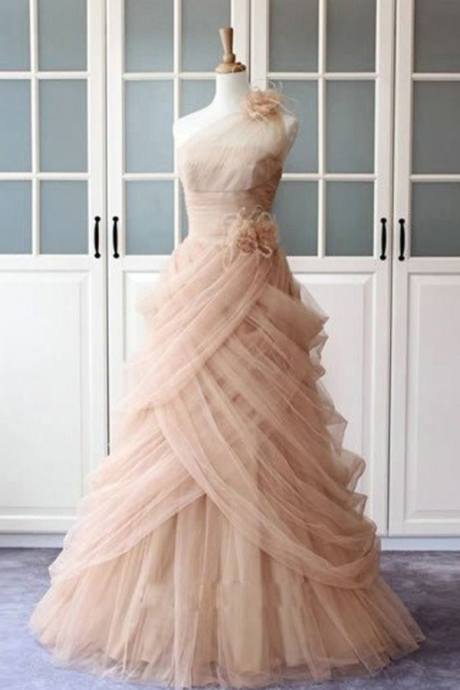 A-line One Shoulder Pink Tulle Ruffles Long Prom Dress Sexy Evening Dresses