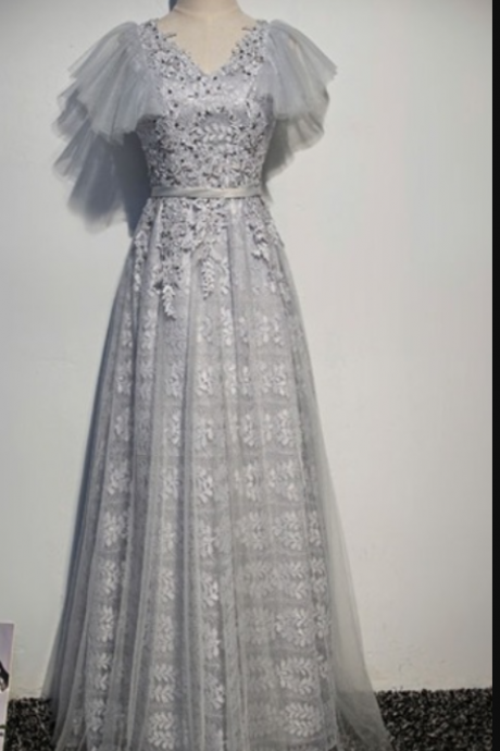 Grey, silvery lace wedding gown with women's sequined party's formal evening gown