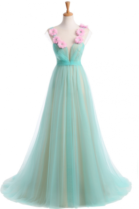 Long Prom Dress, Tulle Handmade Flowers Evening Dress, Sleeveless Bridesmaid Dress