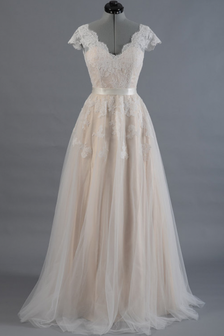V-neck Lace Tulle A-line Wedding Dress With Cap Sleeves And Ribbon Sash