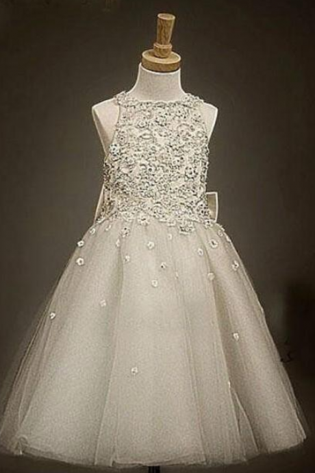 Bridesmaid Of Flower Girls Dresses Little Girl Formal Gown With Dark Ivory A-line Lace Jewel Bow Appliques Sequins Tea-length Tulle