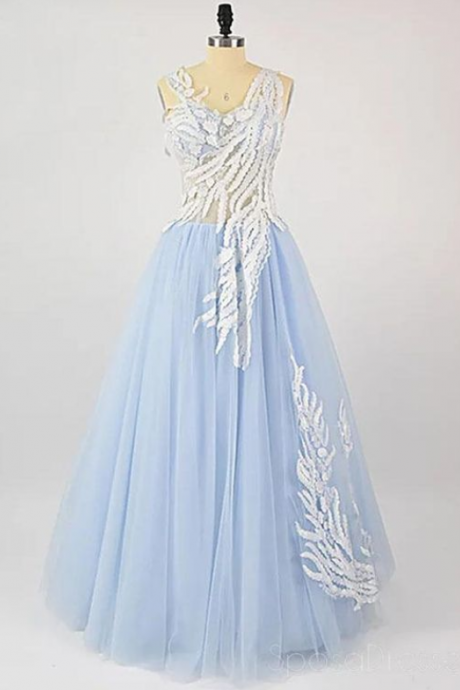 Pale Blue See Through Lace Long Evening Prom Dresses