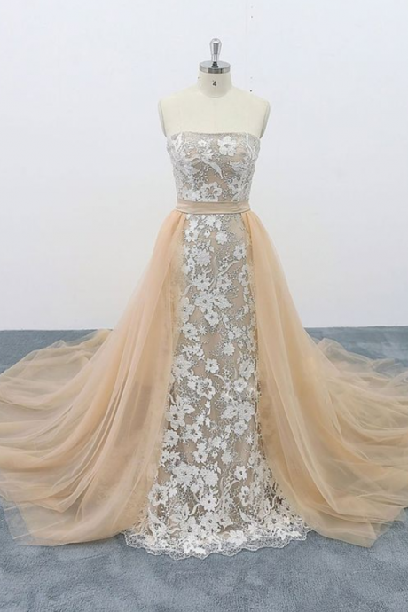 Strapless Champagne Lace Long Prom Dresses With Train