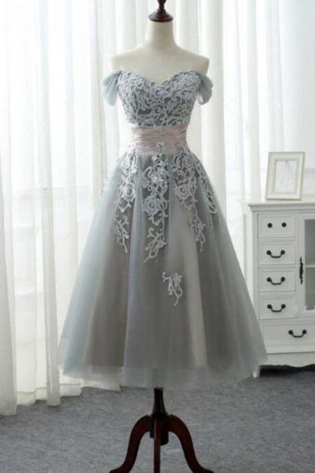 Grey Vintage Style Teen Length Off Shoulder Evening Dresses, Formal Gowns,tulle Prom Dresses