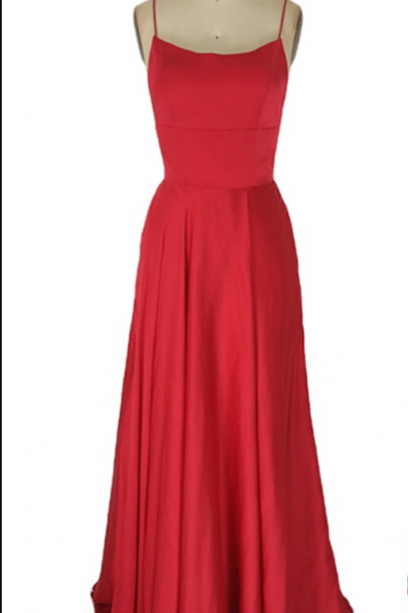 Prom Dresses a-line sweep train halter neck spaghetti strap back split leg red satin prom dresses