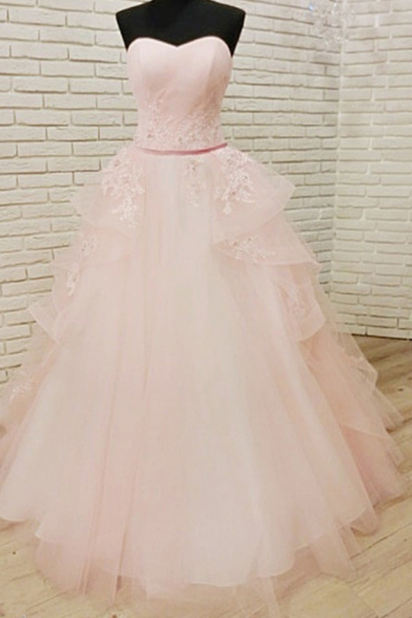 Prom Dresses Tulle Floor Length Strapless Prom Dress ,Lace Applique Prom Dresses With Belt, Party Dresses, Evening Dresses