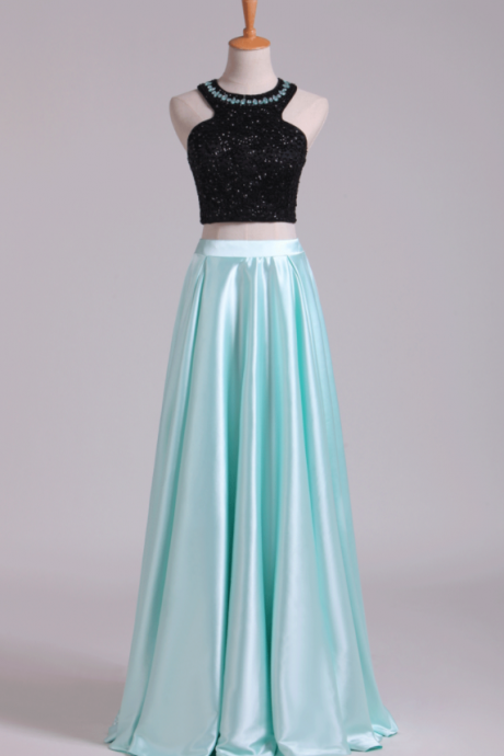Prom Dresses A-Line Scoop Elastic Satin Two Pieces Black Bodice Backless Floor-Length