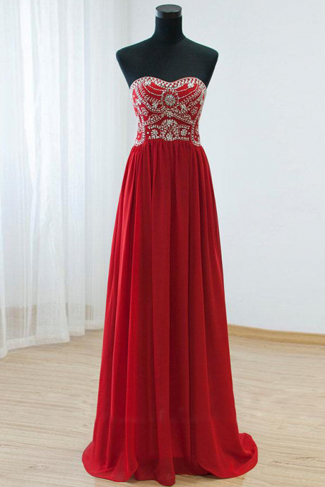 Beaded Embellished Red Sweetheart Neckline Floor Length Chiffon A-line Prom Dress
