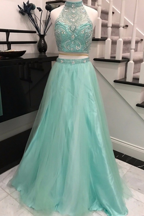 Mint Halter Two Pieces Long Tulle Prom Dresses For Teens,Elegant Evening Dresses,Modest Prom Gowns,Cheap Party Dresses,Women Dresses