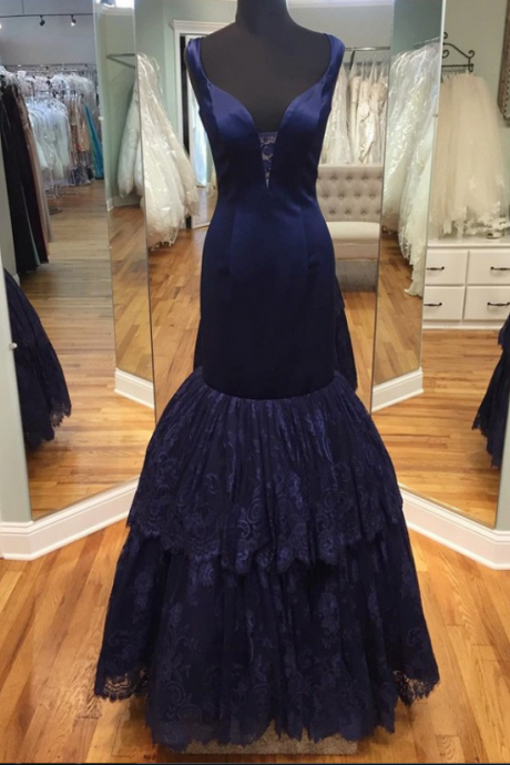 V-neck Mermaid Navy Blue Prom Dresses,Satin Lace Prom Gowns,Evenig Dresses,Formal Party Dresses,Charming Evening Gowns,Women Dresses