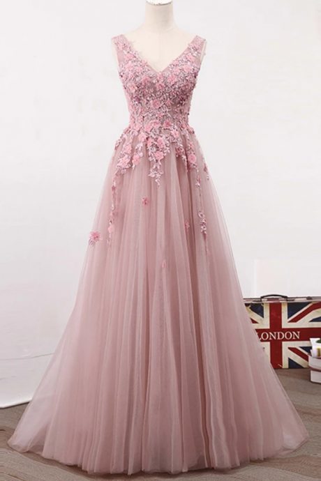 Prom Dresses V Neck Sleeveless Tulle Long Prom Dress With Flowers, Party Prom Dress