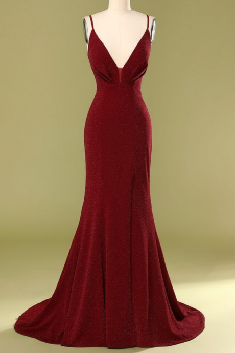 Prom Dresses Burgundy V-neck Evening Dress， Mermaid Prom Dress