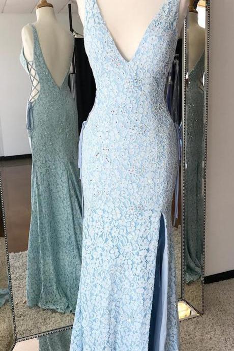 Gergeous V Neck Split Side Backless Lace Mermaid Evening Dress, Beaded Long Prom Dresses With Slit