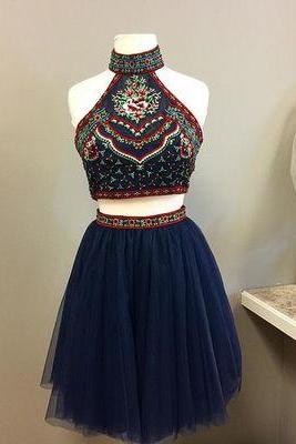 Charming Prom Dress, Two Piece Prom Dresses, Navy Blue Short Homecoming Dress, 2018 Prom Gowns