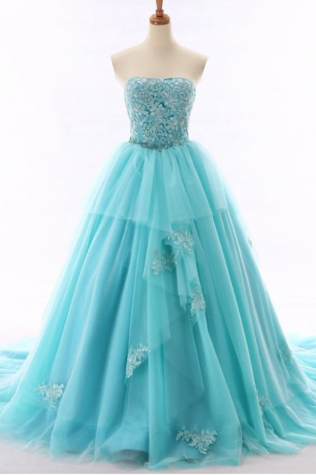 Charming Light Blue Prom Dress, Appliques Tulle Strapless Prom Dresses, Long Evening Dress, Formal Gown