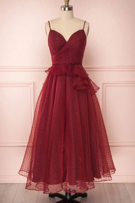 Prom Dresses Tulle Spaghetti Straps Tea Length A Line Prom Dress,party Dress
