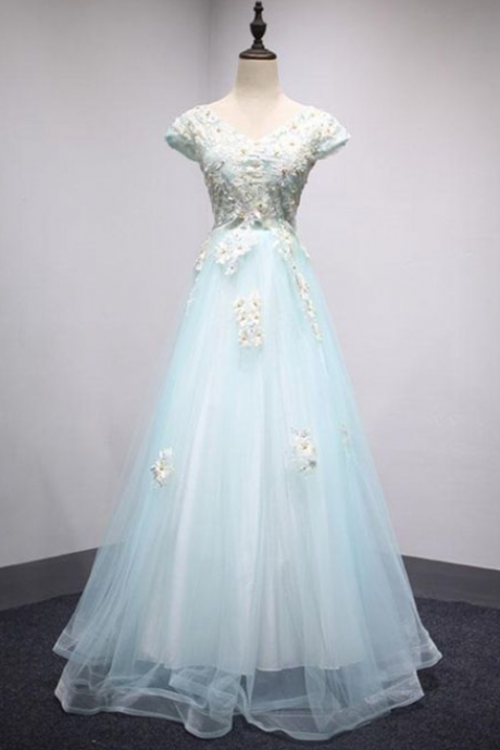 Light blue lace tulle long prom dress, lace evening dress