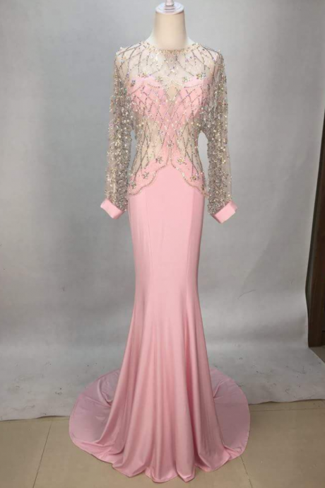 Evening Dresses,prom Dress ,long Prom Dress ,lace Prom Dress O Neck Prom Dress,v Back Prom Dress ,party Dresssexy Pink Long Sleeve Beaded Chiffon