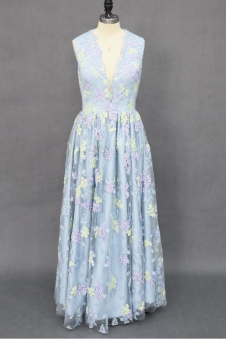 Sleeveless Prom Dress V-neck Party Dress Blue Prom Dress Fashion Dress With Embroidered,custom Made