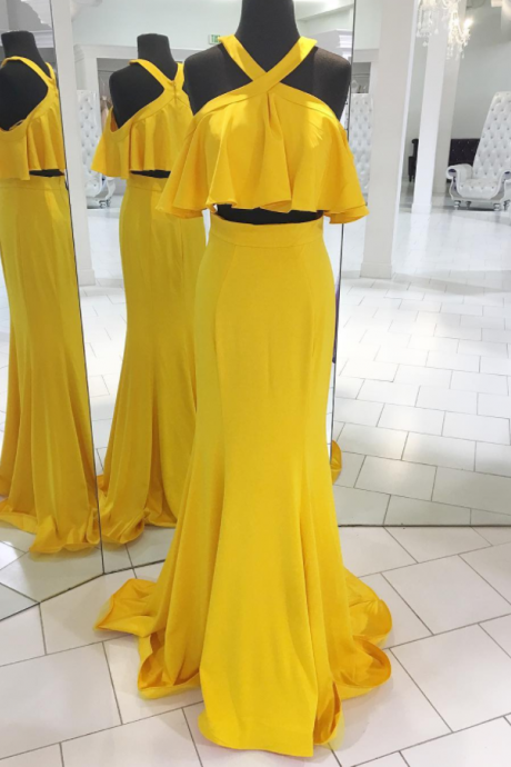 Two Piece Yellow Long Prom Dress With Ruffle,prom Dresses,evening Dress, Prom Gowns, Formal Women Dress,prom Dress