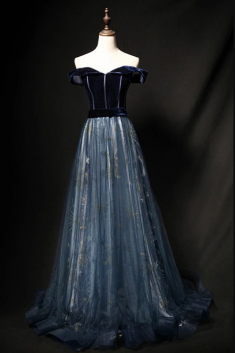 Elegant Off-The-Shoulder Velvet Prom Dress,Chic Floor Length Tulle Evening Dress,Prom Dress