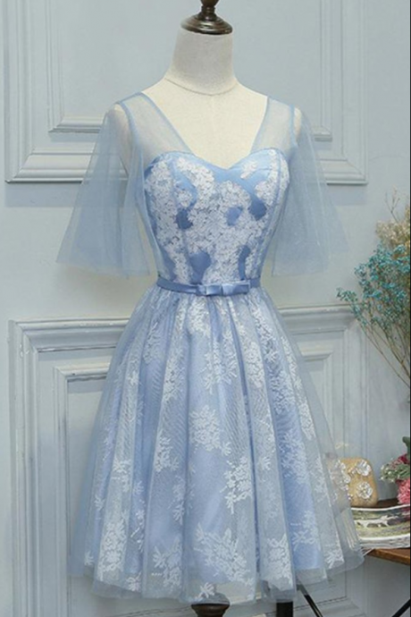 Mini Short Prom Dress, Blue lace short prom dress with sleeves, short bridesmaid dress with bowknot