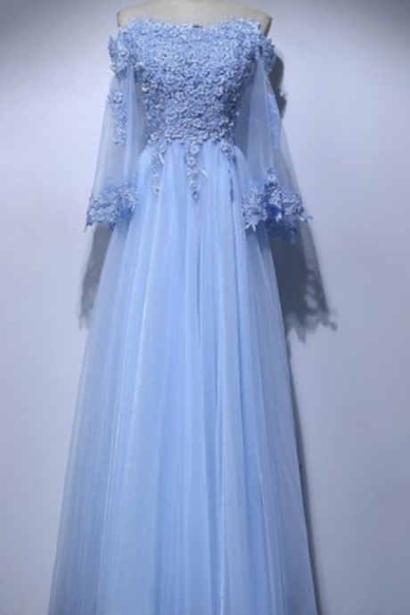 Off Shoulder Evening Dress Light Blue Lace Party Dress, Long Sleeve Tulle Prom Dress