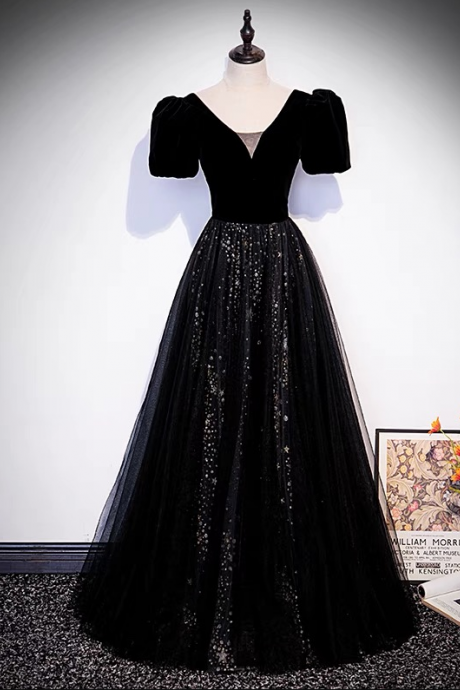 Black Velvet Tulle Long Prom Dress A Line Evening Gown