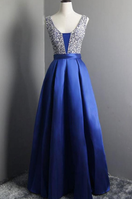 Beautiful Simple Beaded Satin Blue Long V Neck Prom Dresses, Junior Prom Dress