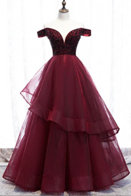 Prom Dresses tulle beads long prom gown evening dress