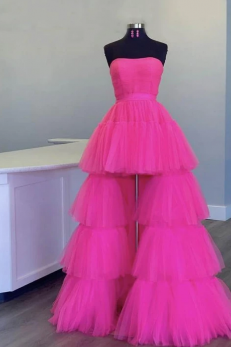 Prom Dresses A line tulle high low prom dress evening dress