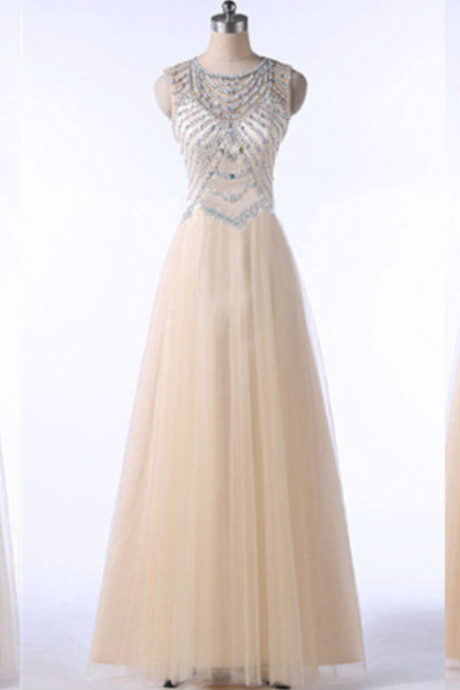 Long Prom Dress, Champagne Prom Dress, Open Back Prom Dress, Tulle Prom Dress, Elegant Prom Dress, Available Prom Dress, Evening Dress
